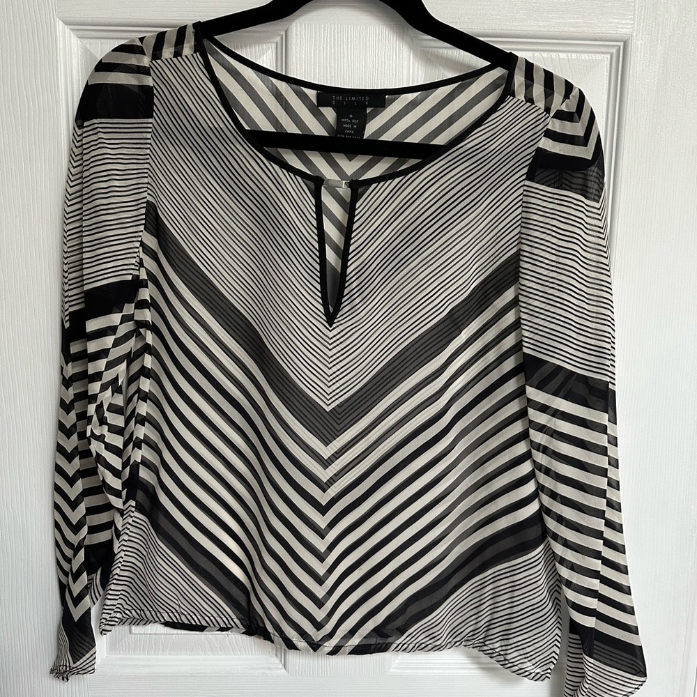 The Limited black and white chevron striped sheer silk blouse